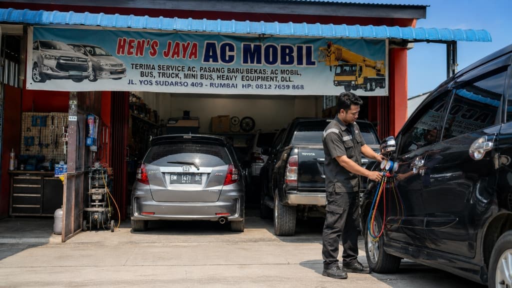 Teknisi bengkel sedang mengecek AC mobil